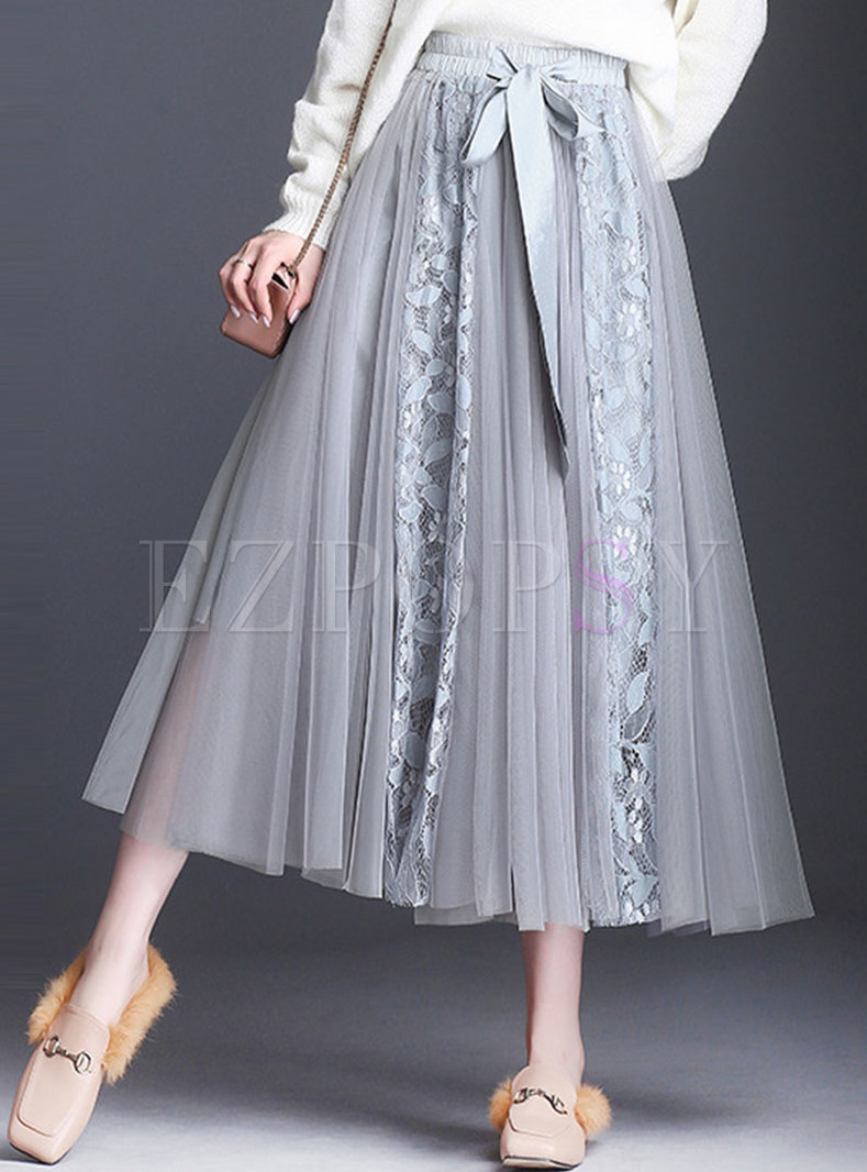 Lace Splicing Tie-waist A Line Skirt