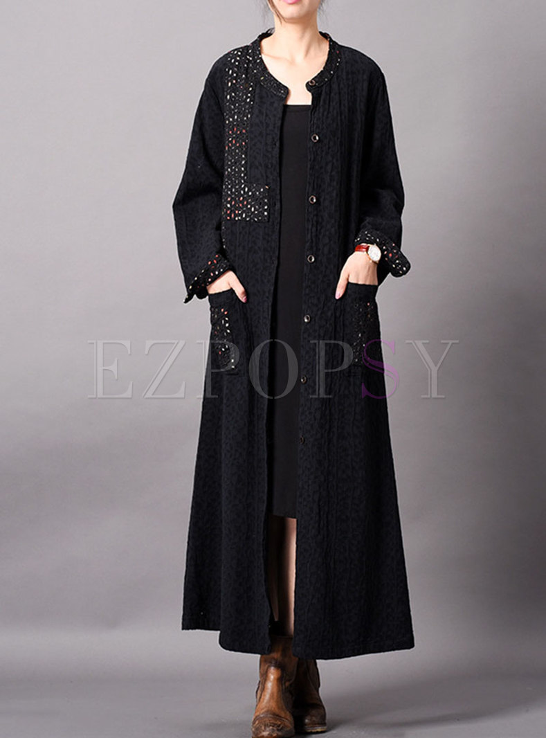 Casual Print Hollow Out Single-breasted Loose Coat