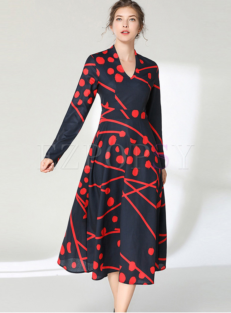 Retro V-neck Print High Waist Maxi Dress