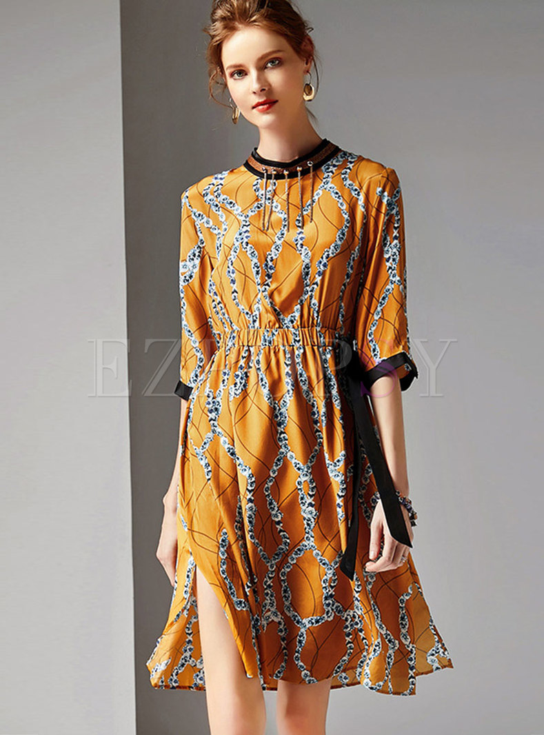 Elegant Print Stand Collar Drilling Tie-waist Slim Dress