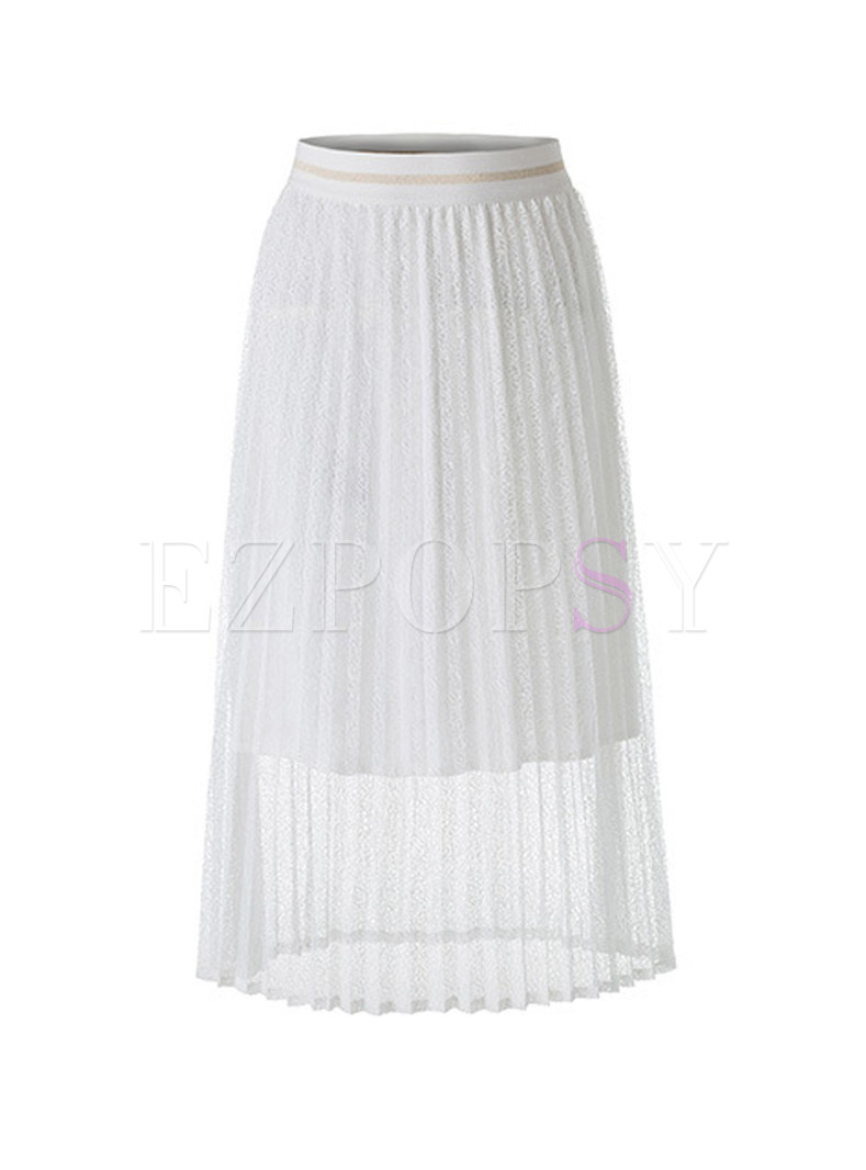 Brief Solid Color Mesh Pleated Skirt