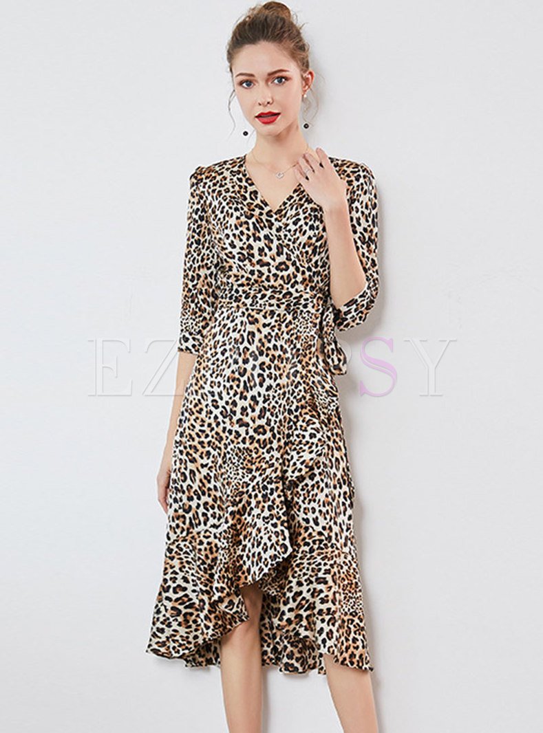 Dresses | Skater Dresses | Leopard V-neck Belted Asymmetric Skater Dress