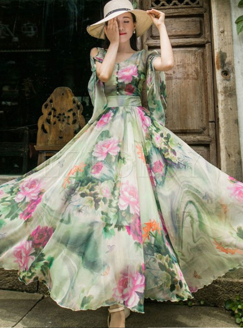 Boho Short Sleeve Floral Print Chiffon Maxi Dress