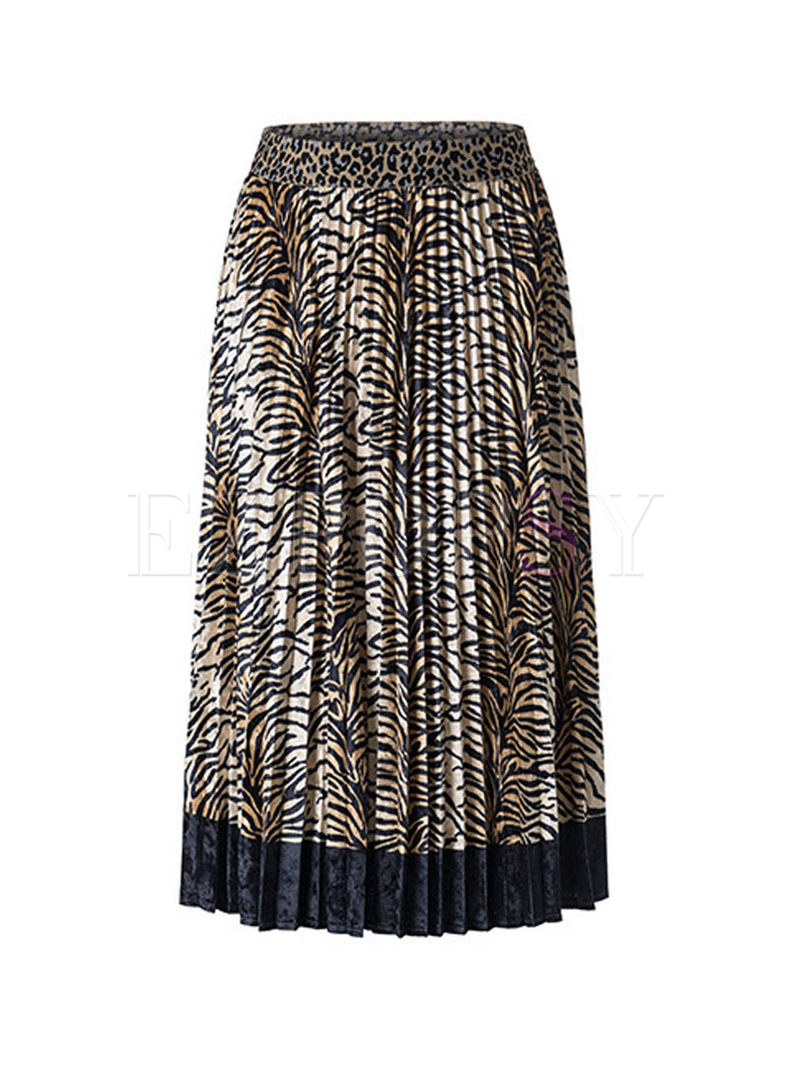 Stylish Gold Velvet Leopard A Line Skirt