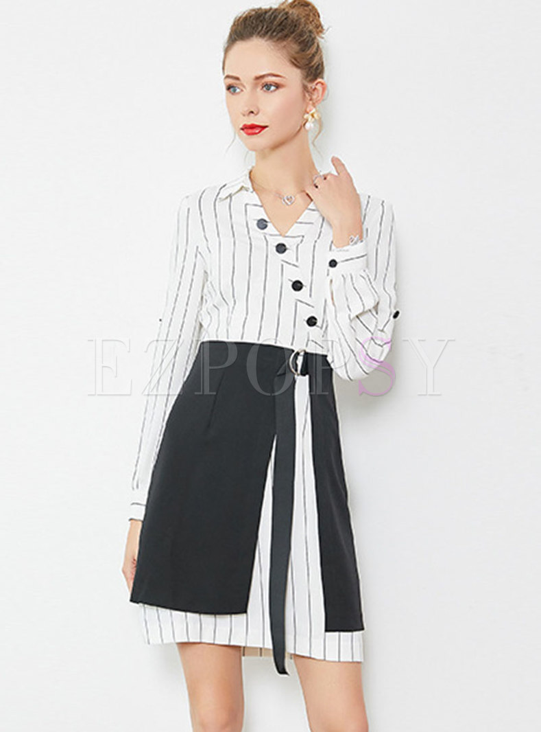 Chic Striped V-neck Slim Dress With Mini Skirt