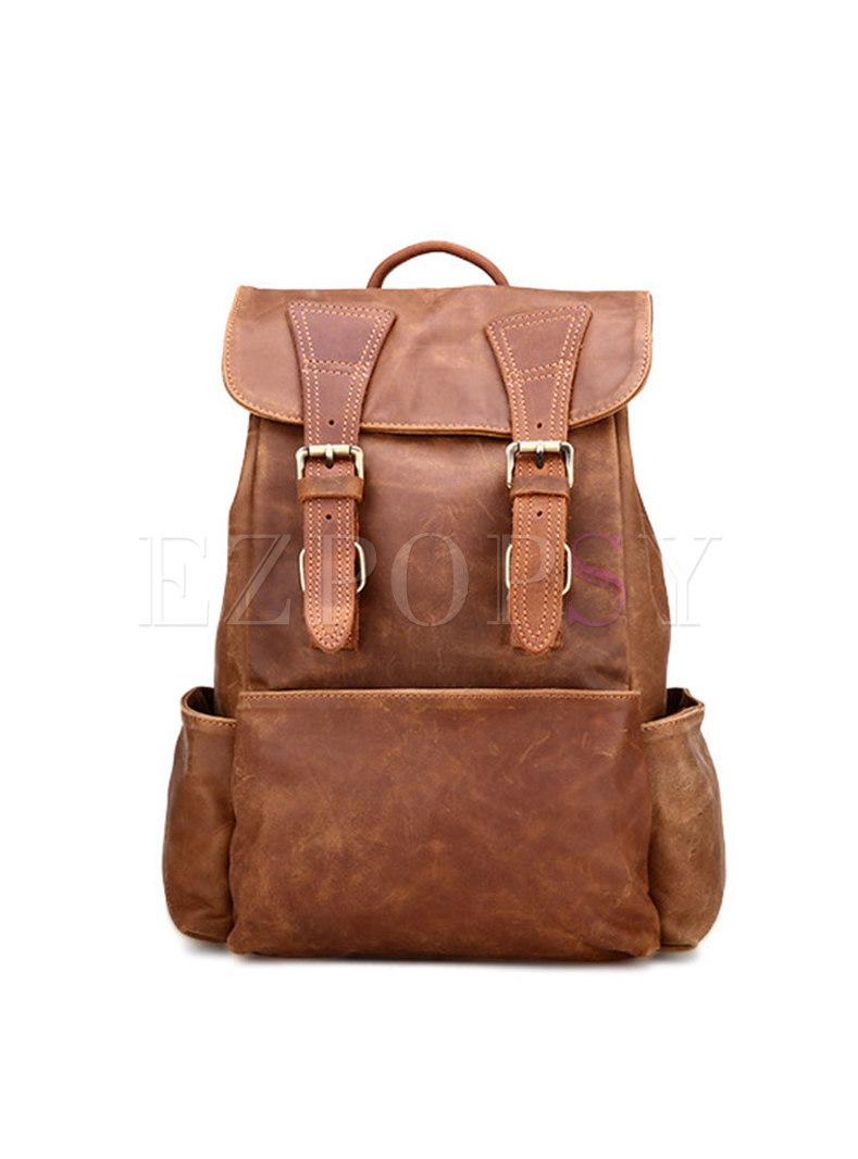 Casual Cowhide Leather Solid Color Backpack