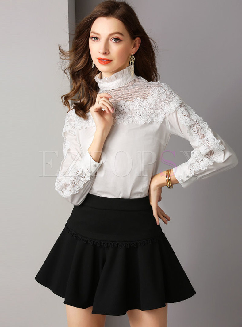 Tops | Blouses | Lace Splicing Stand Collar See-through Blouse