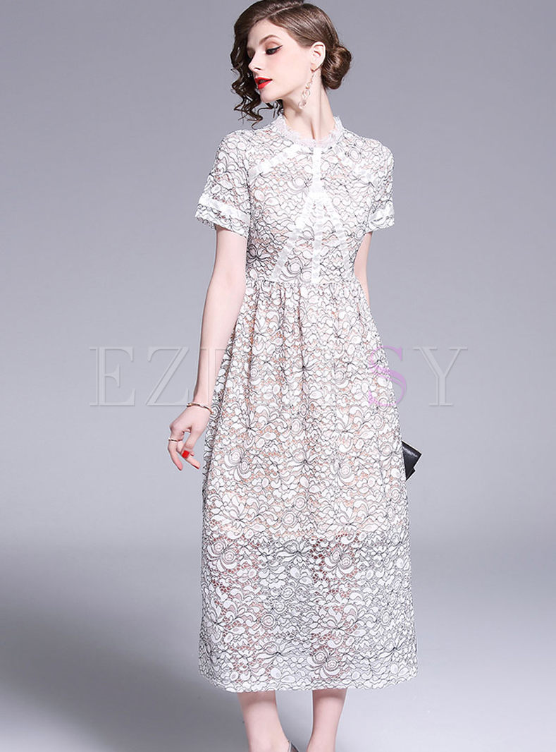 Stylish Short Sleeve Hollow Out Lace Dress