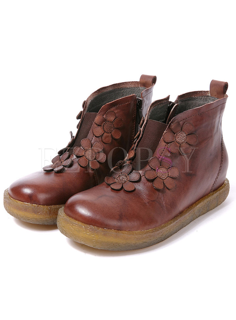 Vintage Cowhide Leather Round Toe Stereoscopic Flower Casual Boots