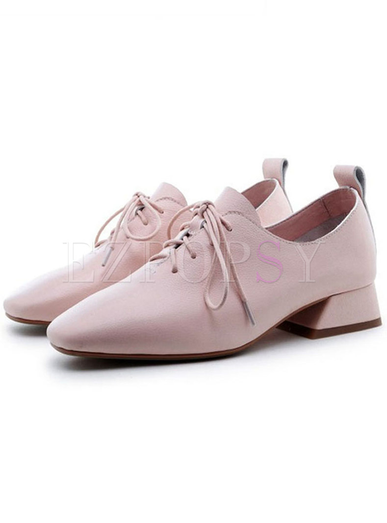 Lace Up Genuine Leather Solid Color Low Heel Shoes