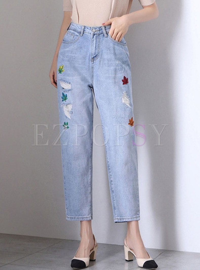 Stylish Embroidered Daily Ripped Jeans