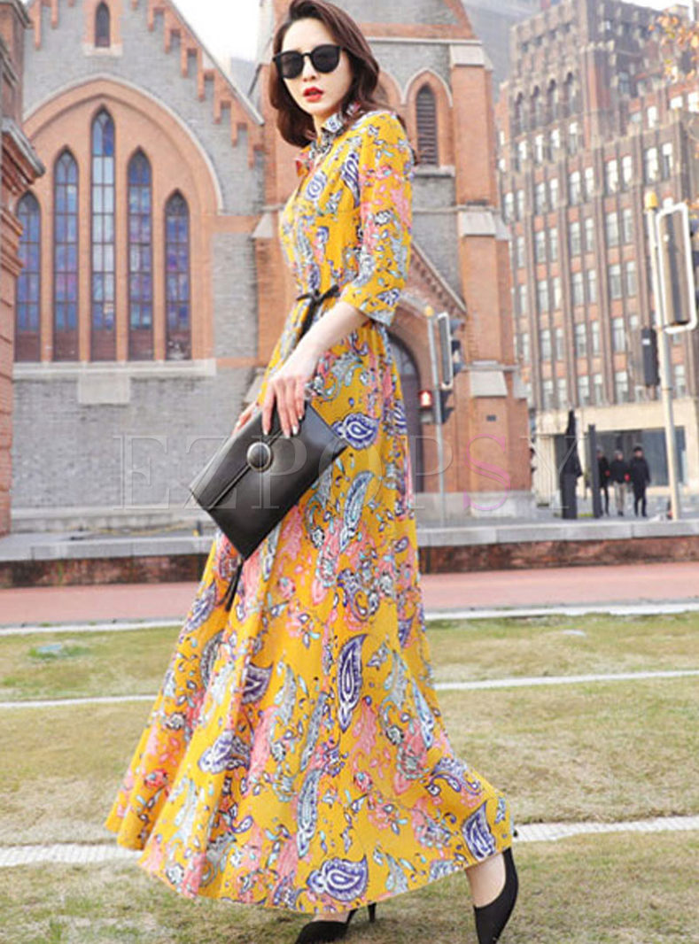 Dresses | Maxi Dresses | Bohemian Lapel Print Big Hem Maxi Dress