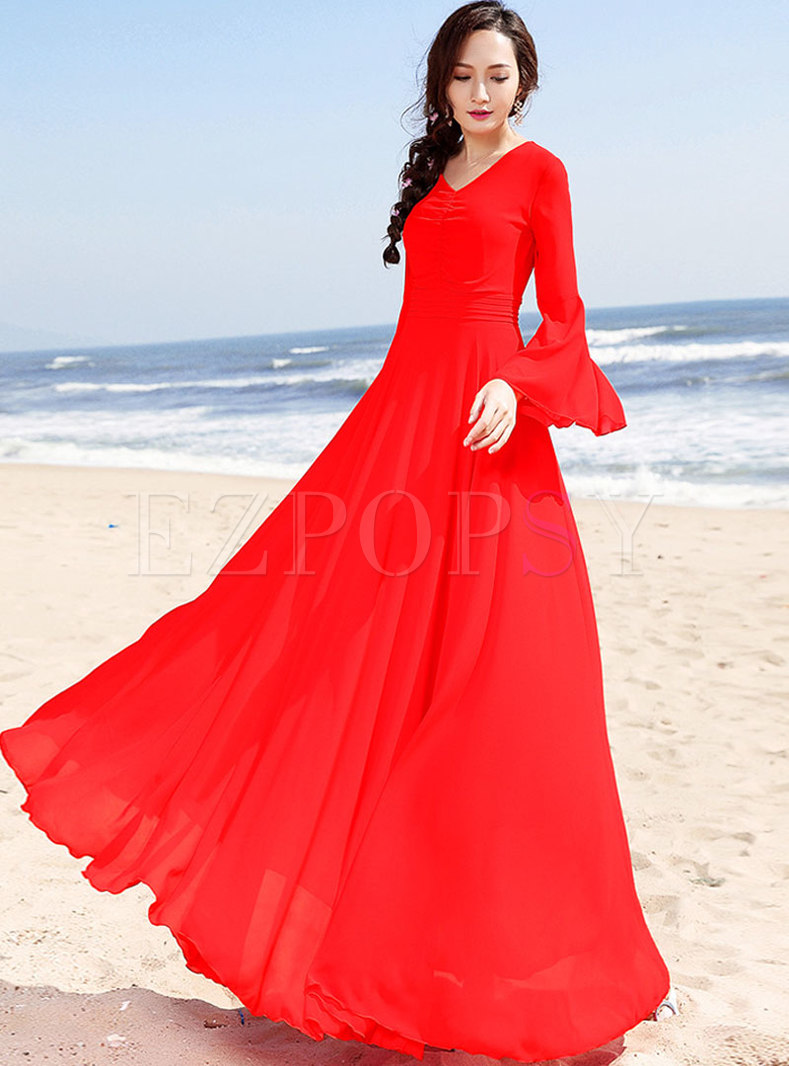 Trendy Red Chiffon Flare Sleeve Maxi Dress
