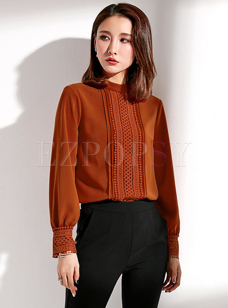 Tops | Blouses | Chic Solid Color Stand Collar Lace Slim Chiffon Blouse