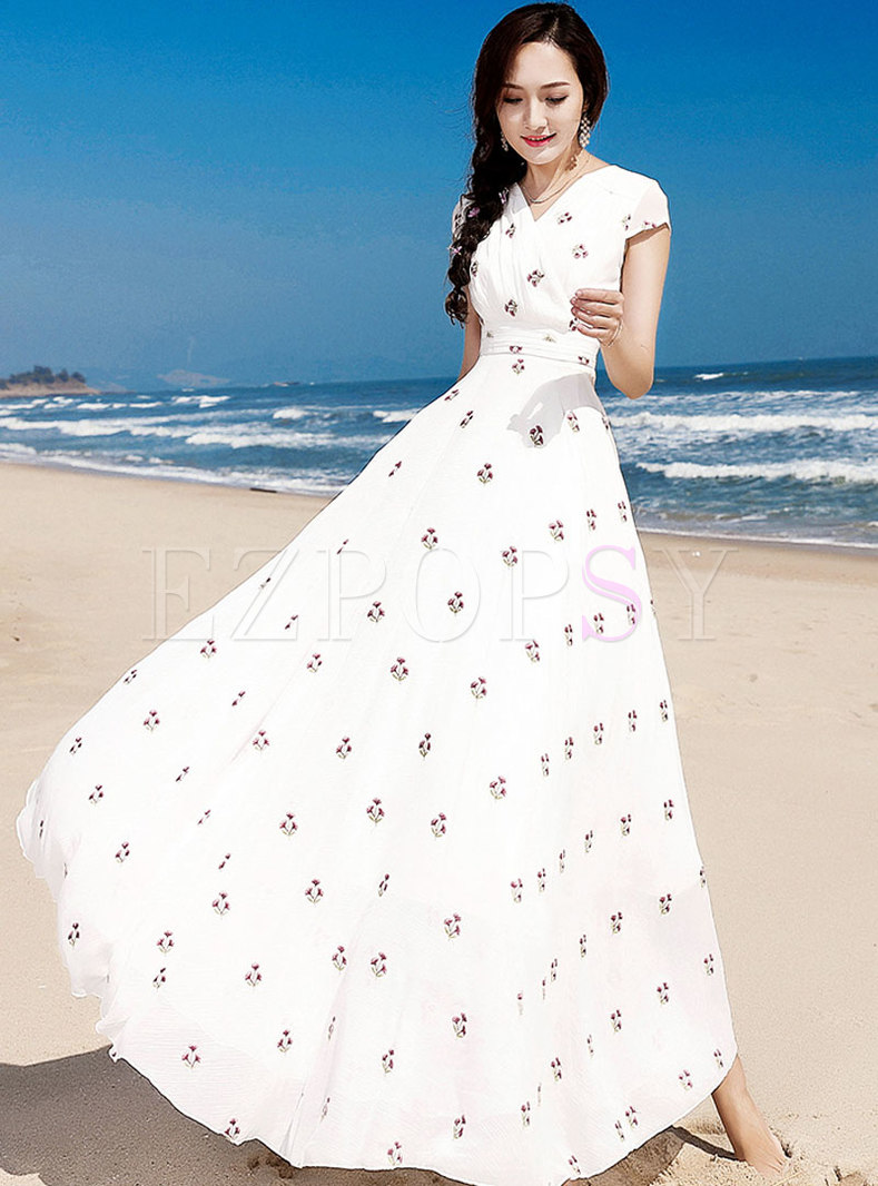 White Embroidered Falbala Beach Maxi Dress
