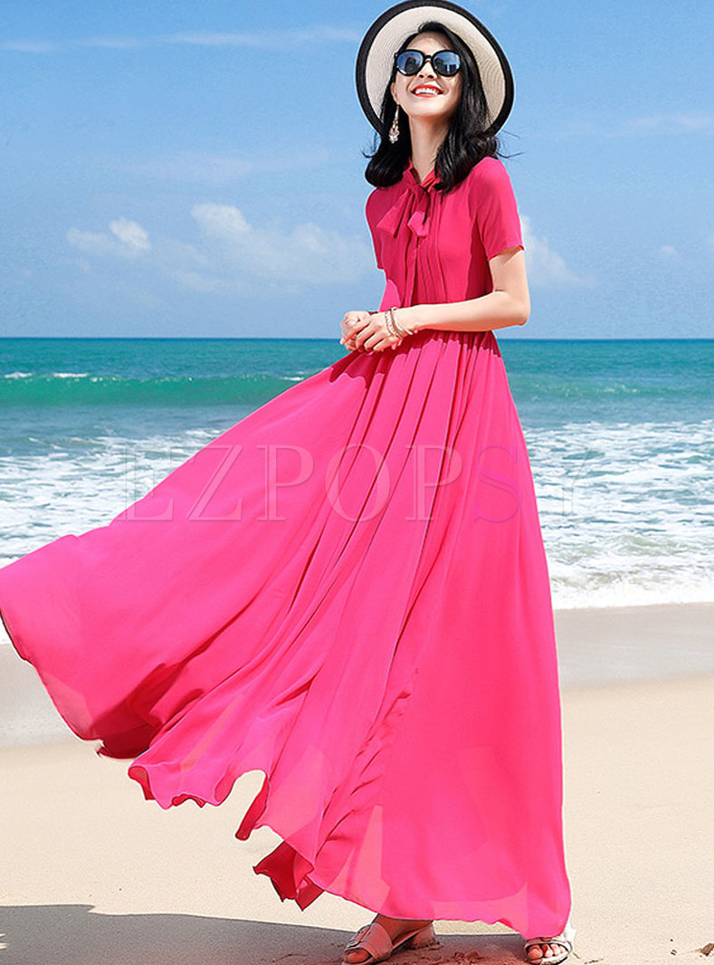 Rose Tied-collar Gathered Waist Beach Dress