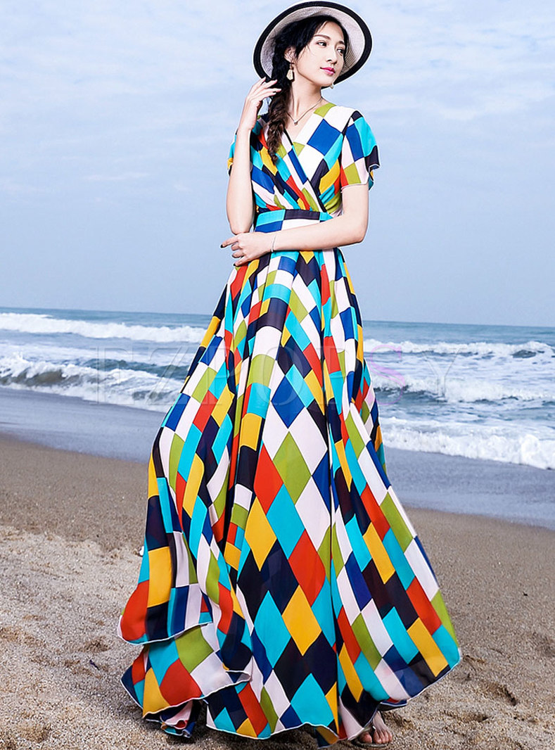 Dresses | Maxi Dresses | Fashion Color-bolcked Short Sleeve Beach Maxi ...