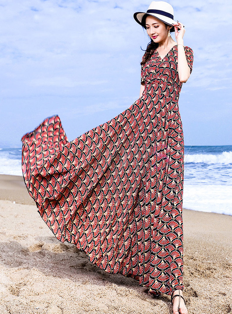 Stylish Beach Print V-neck Slim Maxi Dress