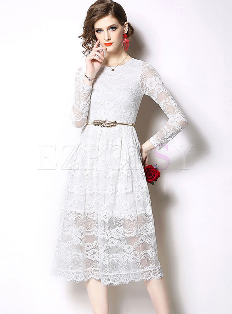 Solid Color Long Sleeve Lace Skater Dress