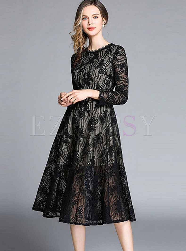 O-neck Perspective Lace Slim A Line Dress