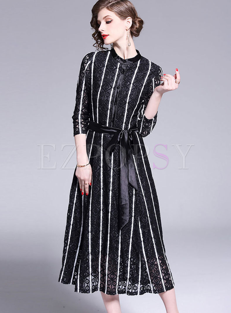 Fashion Slim Striped Bowknot Waist Dress