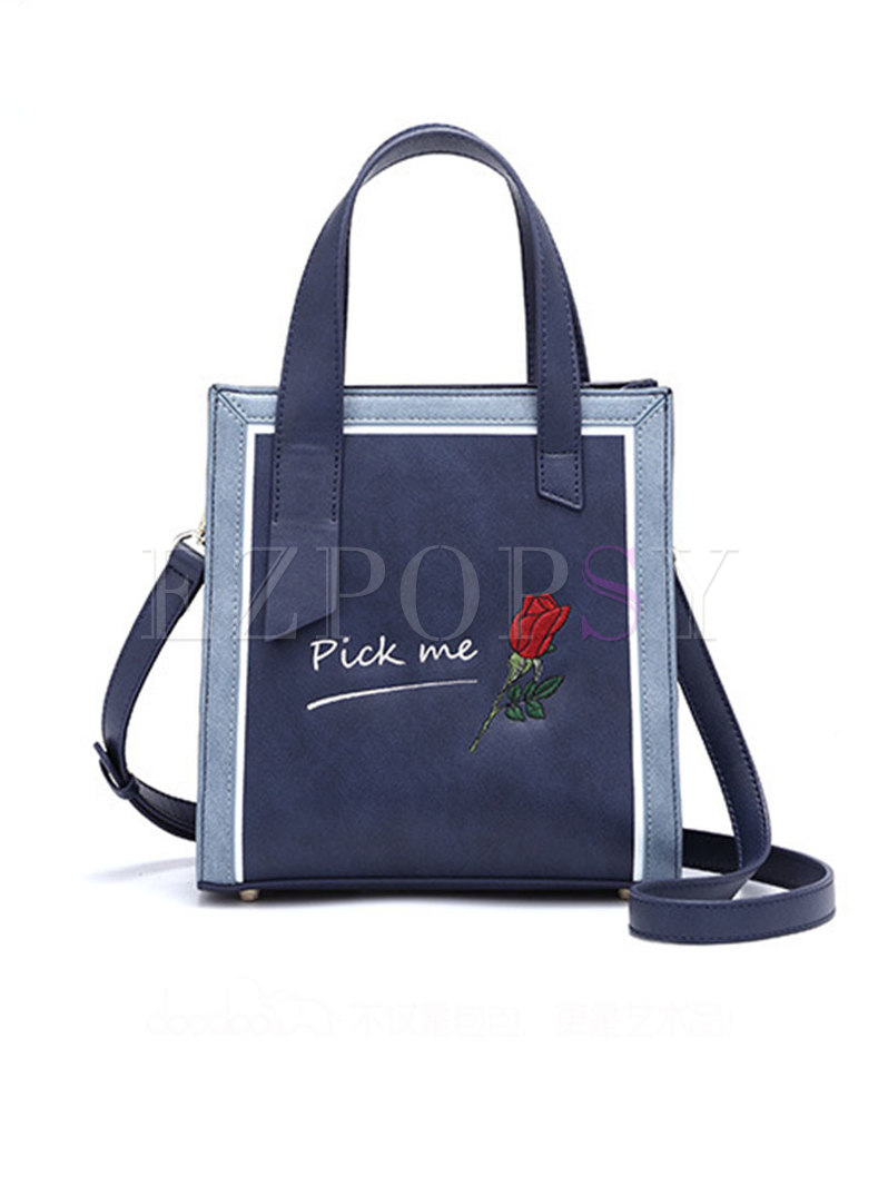 Chic Color-blocked Embroidered PU Top Handle Bag