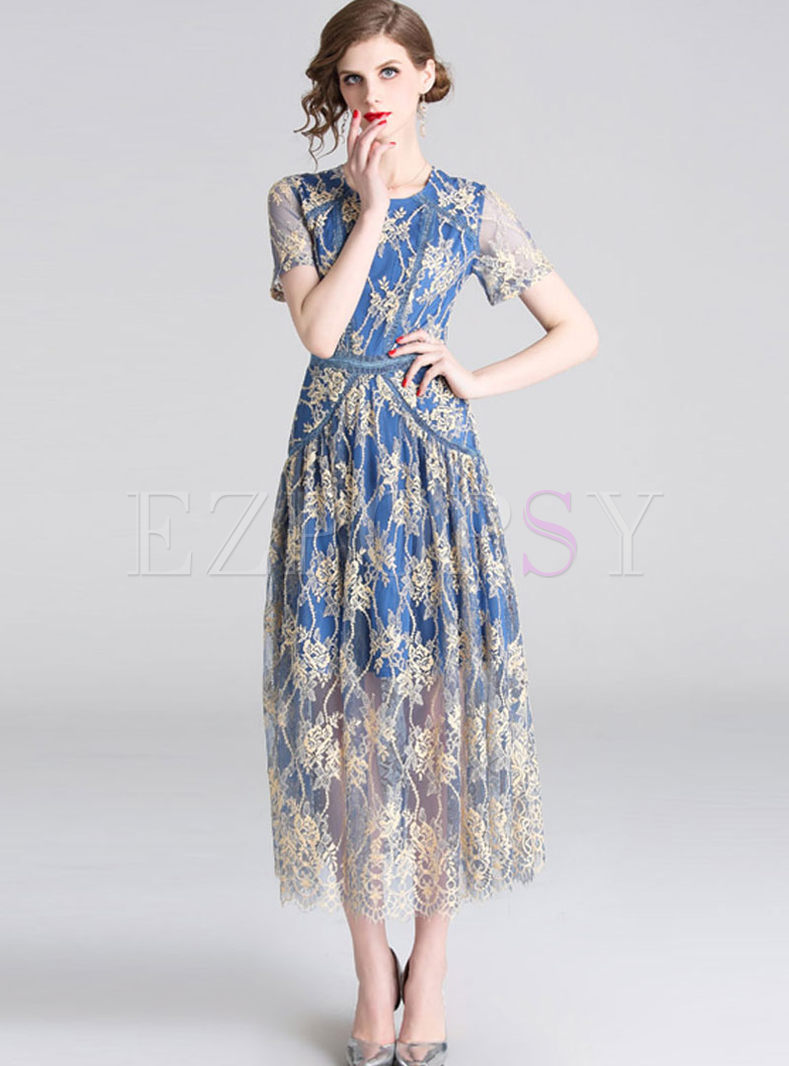 Short Sleeve Embroidered Lace Maxi Dress