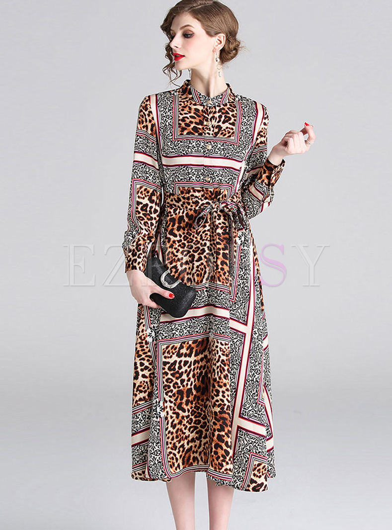 Standing Collar Single-breasted Leopard Dress