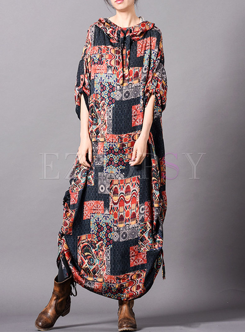 Casual Print Hooded Asymmetric Loose Maxi Dress