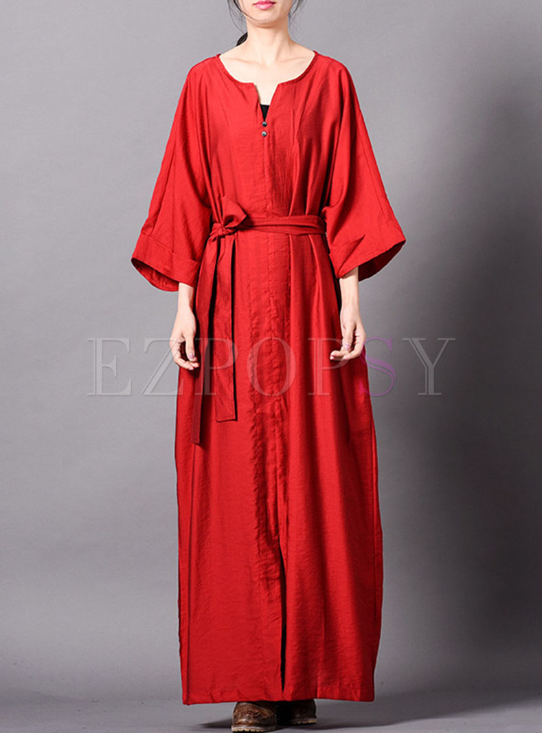Elegant Pure Color Belted Slit Maxi Dress