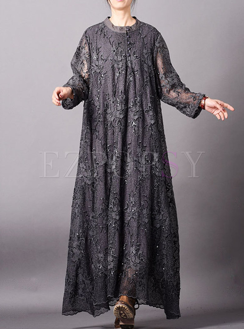 Solid Color Lace Embroidered Maxi Dress
