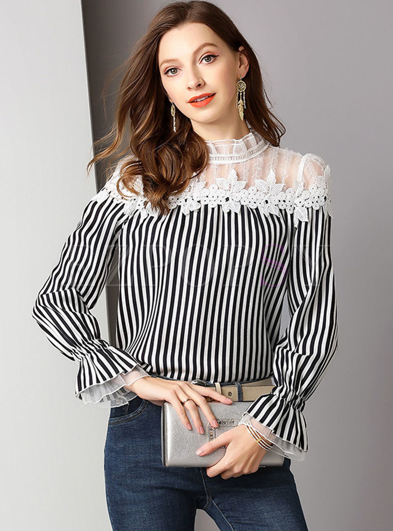 Tops | Blouses | Mesh Striped Patchwork Flare Sleeve Blouse