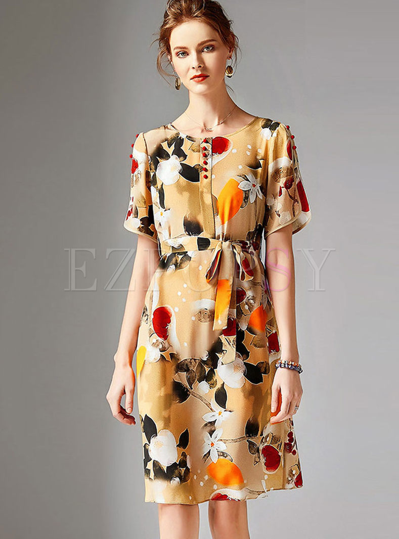 Fashion O-neck Short Sleeve Print Silk Dress