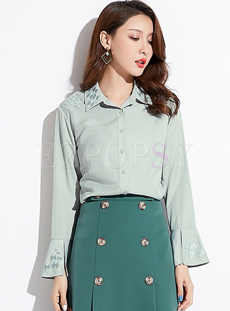 Flare Sleeve Embroidered Lapel Single-breasted Blouse