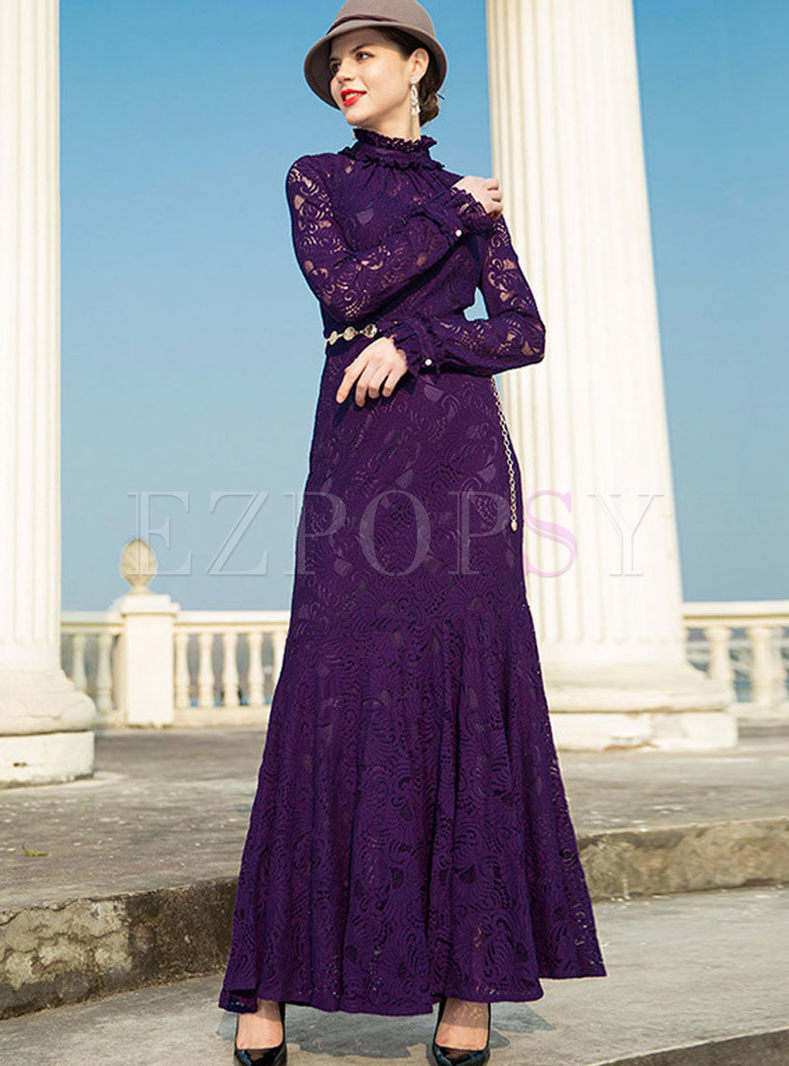 Solid Color Long Sleeve Lace Mermaid Dress