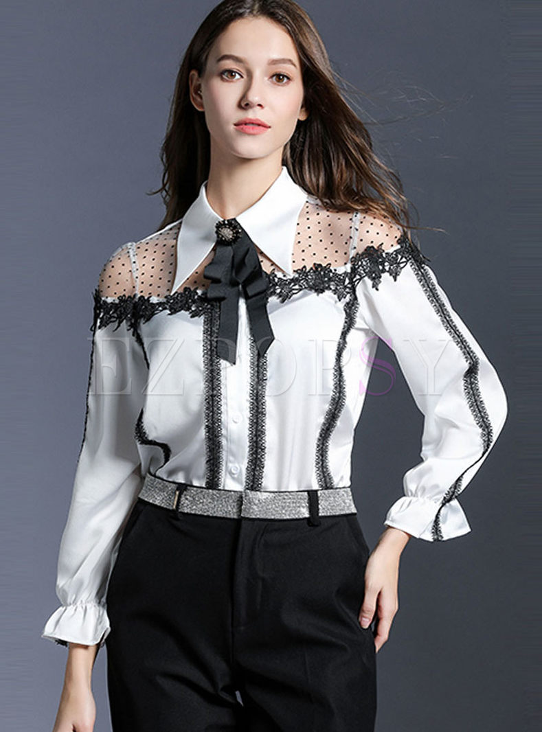 Chic Color-blocked Splicing Lapel See-through Bowknot Blouse
