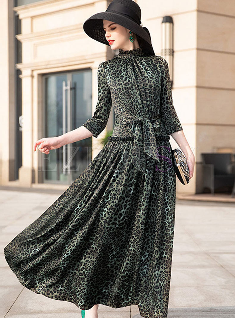 Dresses | Maxi Dresses | Vintage Leopard Bowknot Pleated Maxi Dress