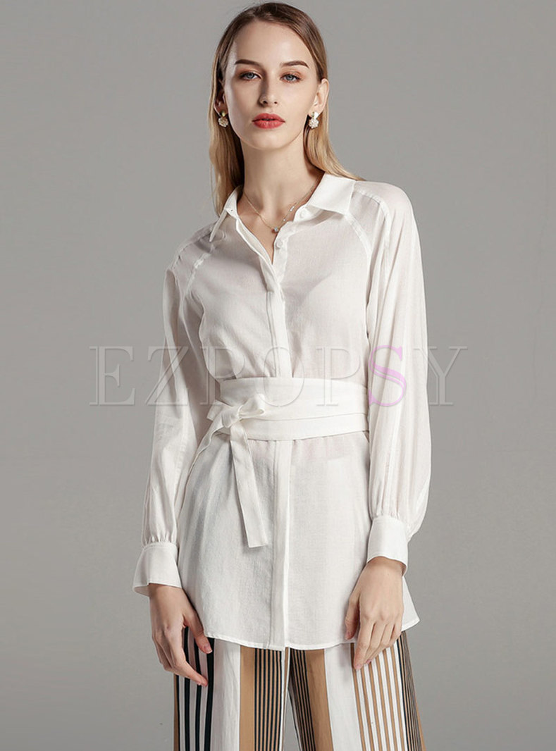 Brief Pure Color Lapel Belted Blouse