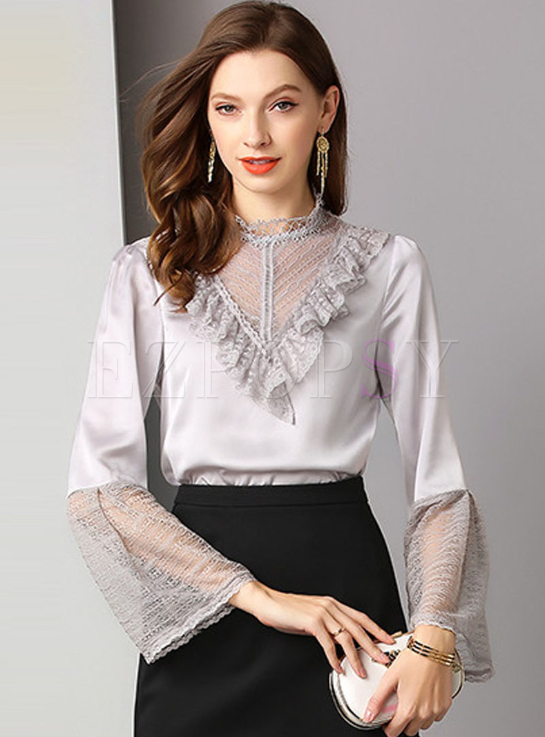 Hollow Out See-though Falbala Splicing Flare Sleeve Blouse
