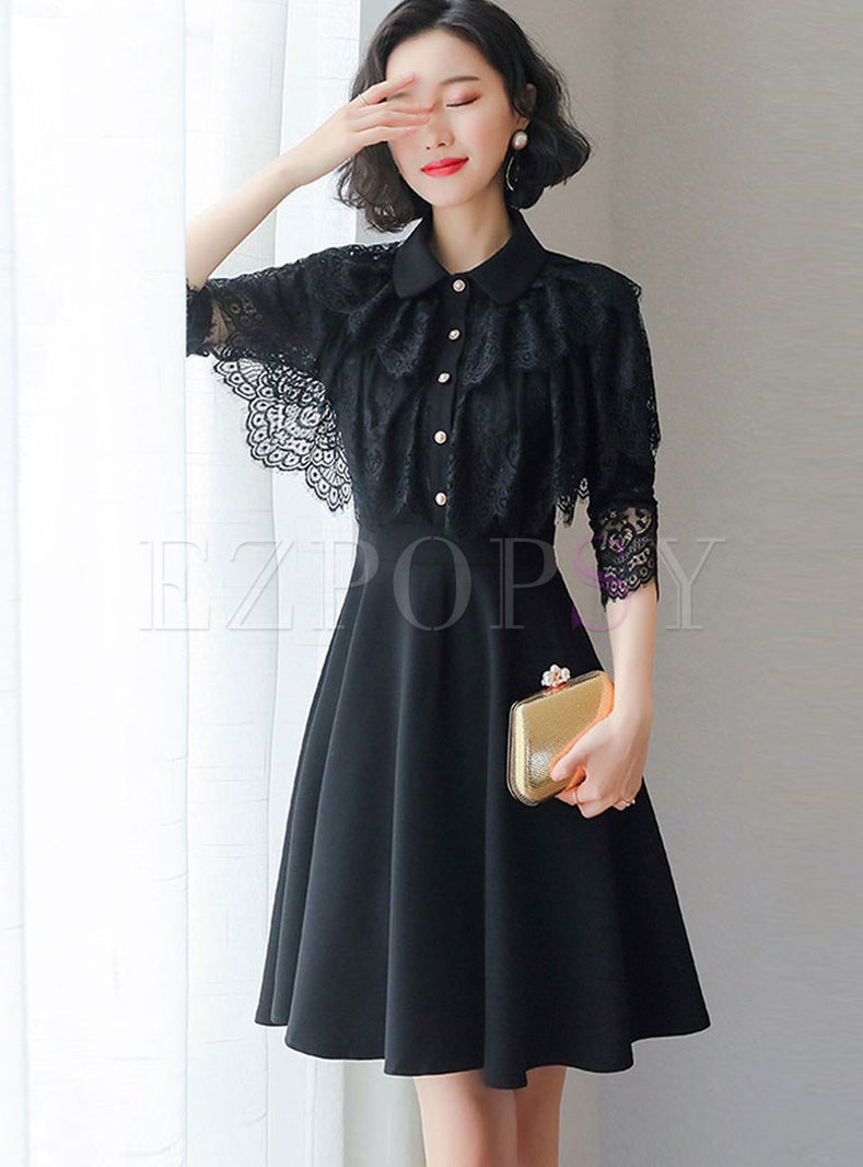 Fashion Black Lapel Long Sleeve A Line Dress