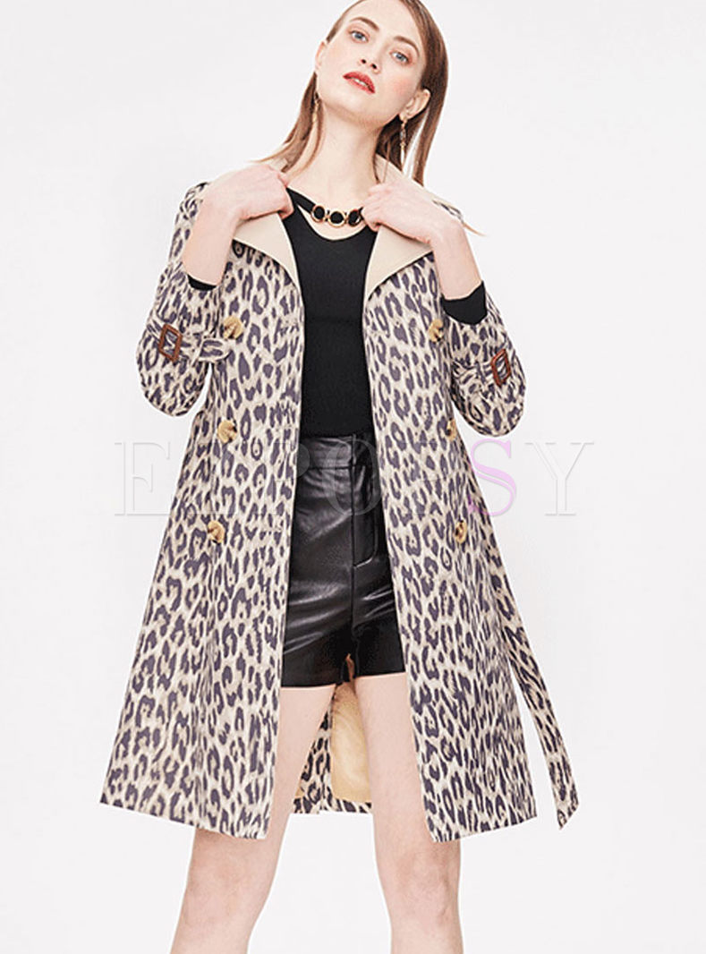 Stylish Leopard Lapel Slim Trench Coat