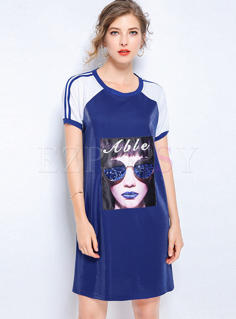 Personality Color-blocked Beaded Sequined T-shirt Dress