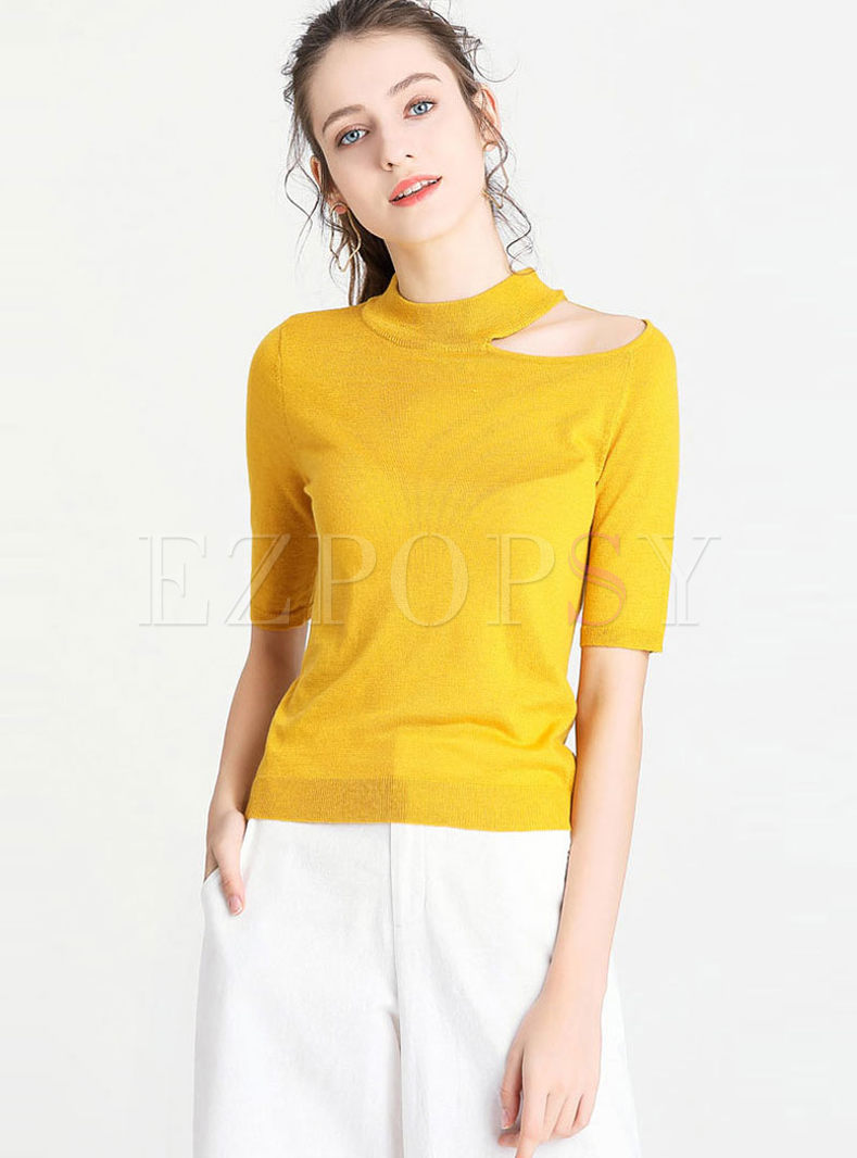 Standing Collar Solid Color Knitted Top