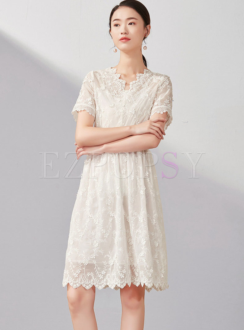 Fashion Lace Embroidered Short Sleeve Dress
