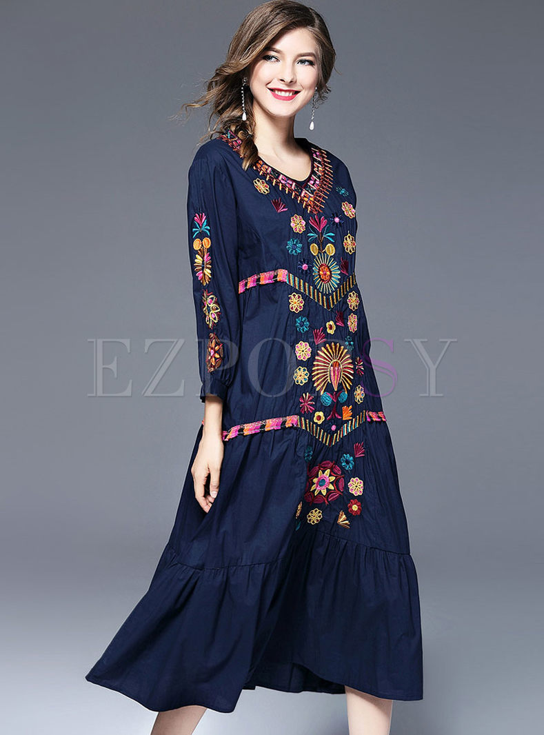 Dresses | Maxi Dresses | Ethnic V-neck Loose Embroidered Maxi Dress