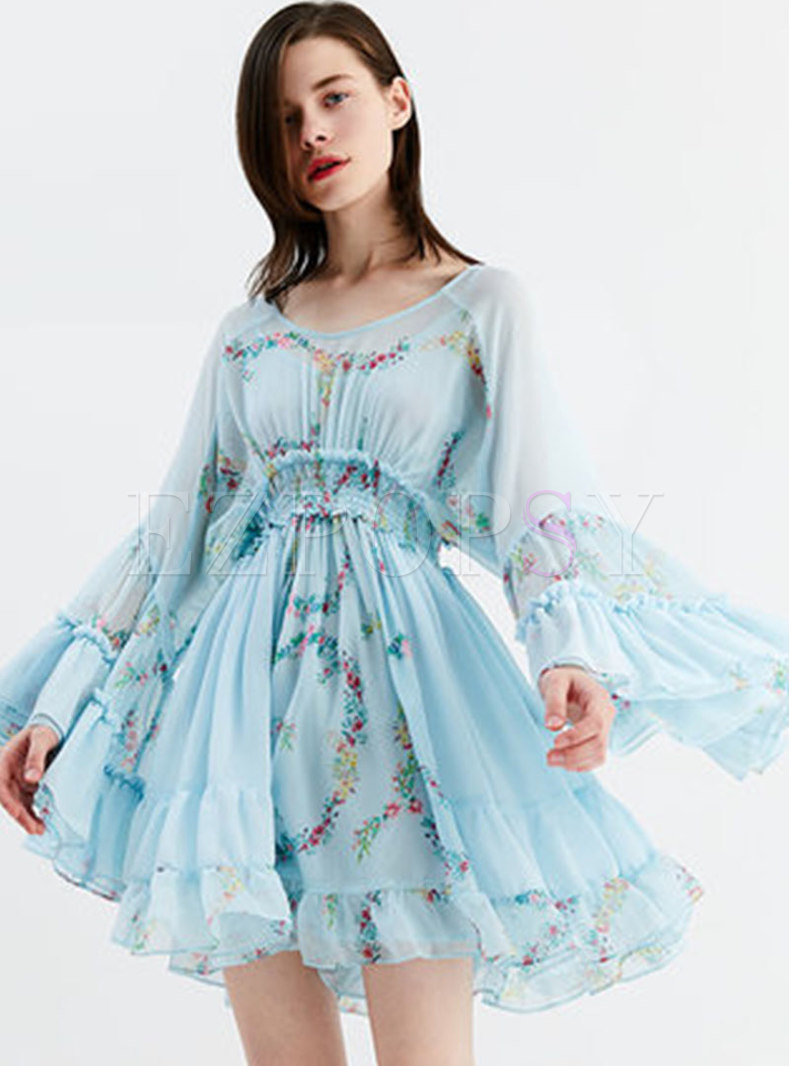 Dresses | Skater Dresses | Chiffon Print Flare Sleeve Waist Skater Dress