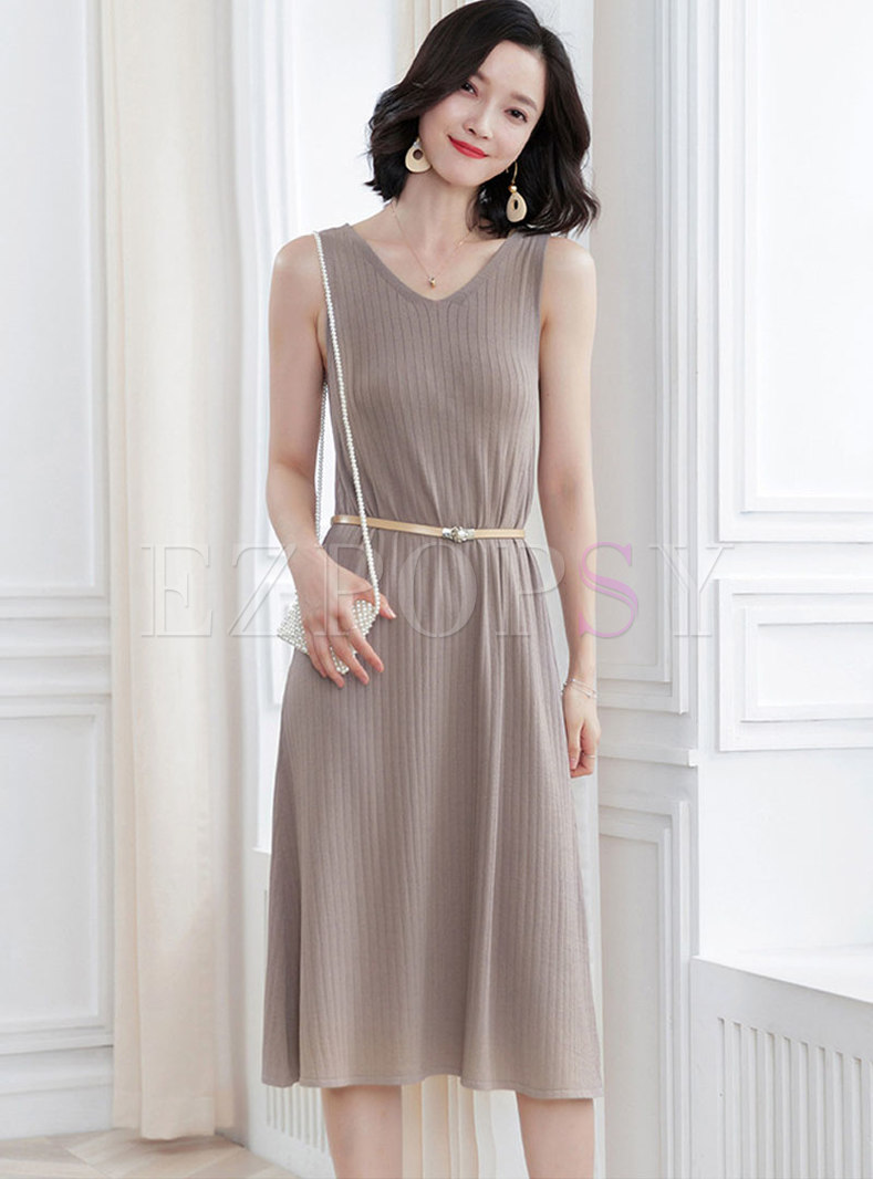 All-matched Solid Color Knitted Sleeveless Slim Dress