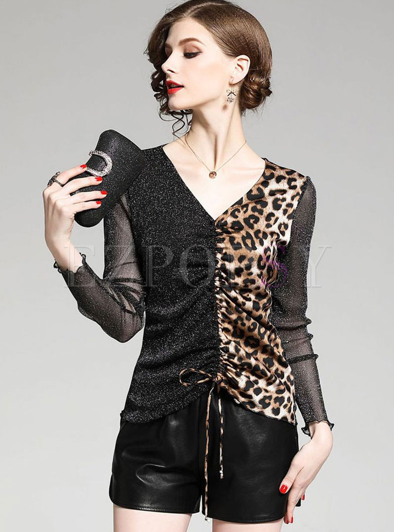 Stylish Leopard Splicing Slim T-shirt