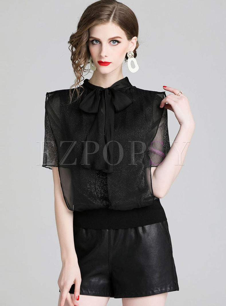 Solid Color Standing Collar Bowknot Top