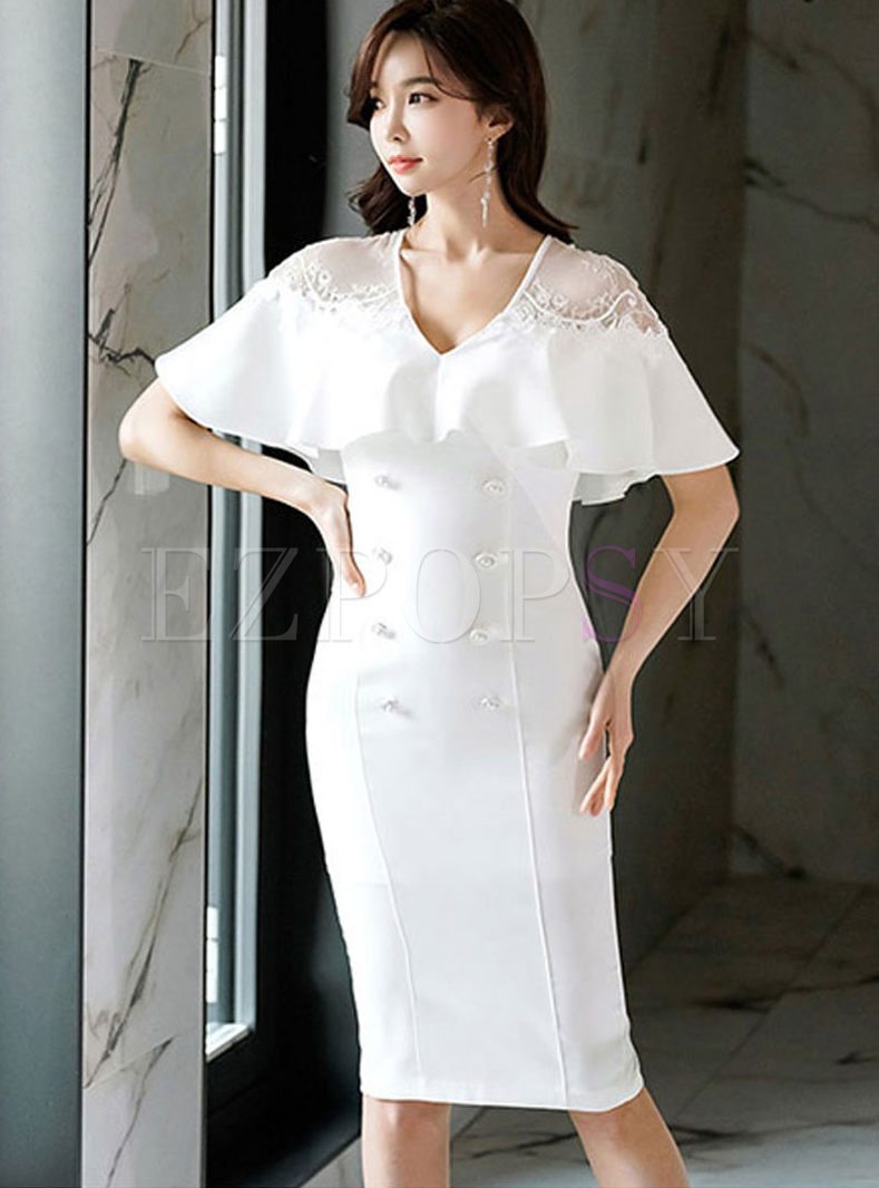 White Sexy V-neck Falbala Bodycon Dress